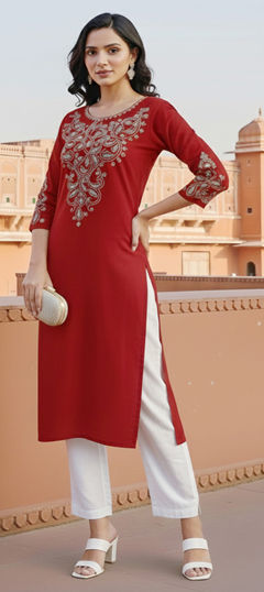 Red and Maroon color Salwar Kameez in Rayon fabric with Embroidered work
