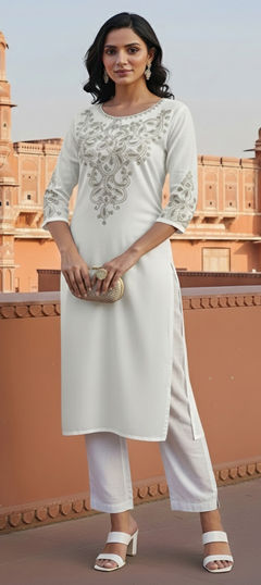 White and Off White color Salwar Kameez in Rayon fabric with Embroidered work