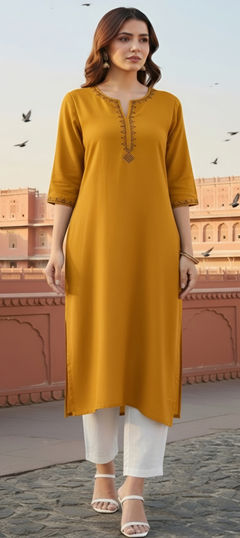 Yellow color Salwar Kameez in Rayon fabric with Embroidered work