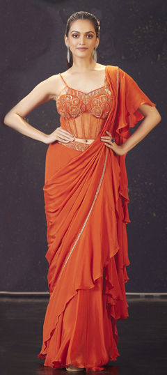 Orange color Readymade Saree in Net fabric with Embroidered, Sequence work