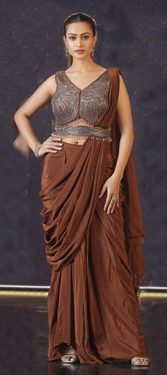Beige and Brown color Readymade Saree in Georgette fabric with Bugle Beads work