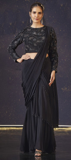 Black and Grey color Readymade Saree in Georgette fabric with Cut Dana work