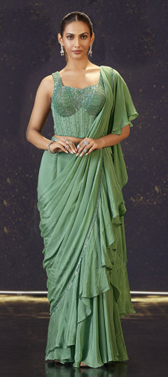 Green color Readymade Saree in Georgette fabric with Bugle Beads, Sequence work