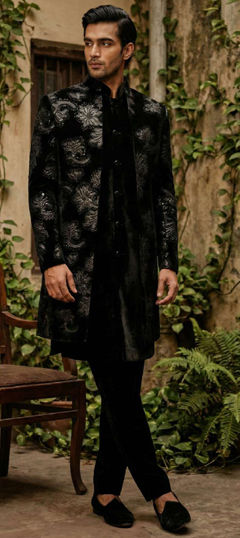 Black and Grey color IndoWestern Dress in Velvet fabric with Embroidered, Sequence, Thread work
