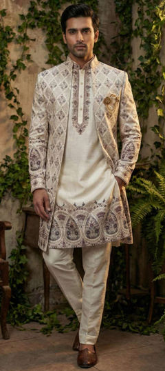White and Off White color IndoWestern Dress in Silk fabric with Embroidered, Sequence, Thread work