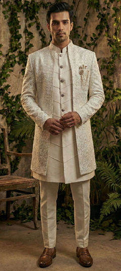 White and Off White color IndoWestern Dress in Silk fabric with Embroidered, Sequence, Thread work