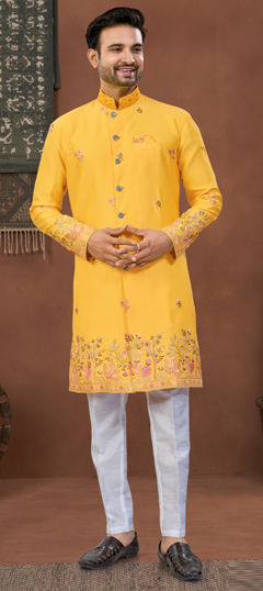 Yellow color IndoWestern Dress in Viscose fabric with Embroidered, Sequence work