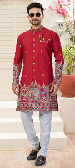 Red and Maroon color IndoWestern Dress in Viscose fabric with Embroidered, Sequence work