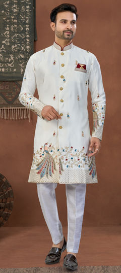 White and Off White color IndoWestern Dress in Viscose fabric with Embroidered, Sequence work
