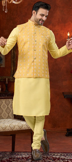 Yellow color Kurta Pyjama with Jacket in Dupion Silk fabric with Embroidered, Thread work