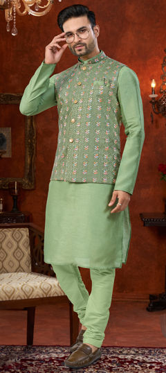 Green color Kurta Pyjama with Jacket in Dupion Silk fabric with Embroidered, Thread work