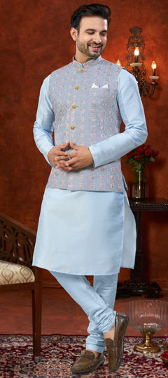 Blue color Kurta Pyjama with Jacket in Dupion Silk fabric with Embroidered, Thread work