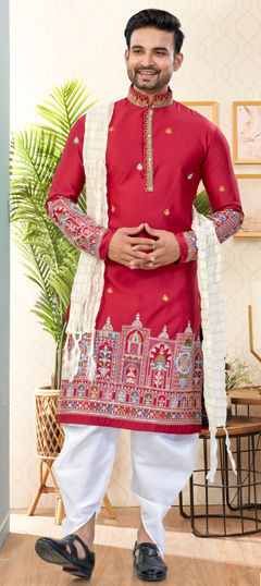 Red and Maroon color Dhoti Kurta in Silk fabric with Embroidered, Thread work