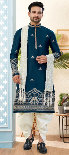 Blue color Dhoti Kurta in Silk fabric with Embroidered, Thread work