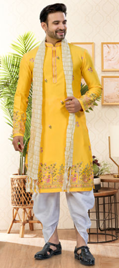 Yellow color Dhoti Kurta in Silk fabric with Embroidered, Thread work