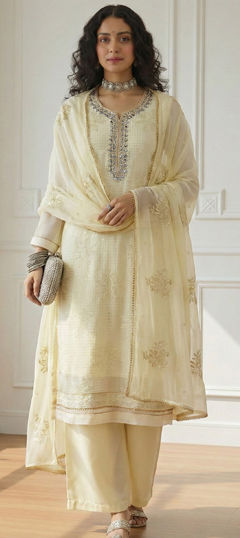 Yellow color Salwar Kameez in Georgette fabric with Embroidered, Sequence, Thread work