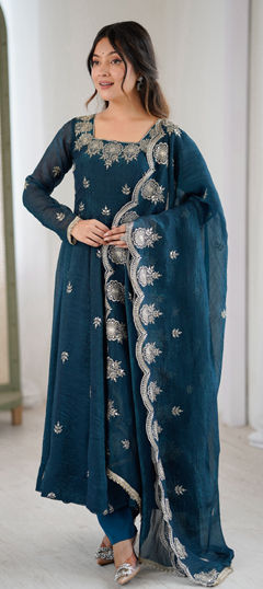 Blue color Salwar Kameez in Crushed Silk fabric with Embroidered, Sequence, Thread work