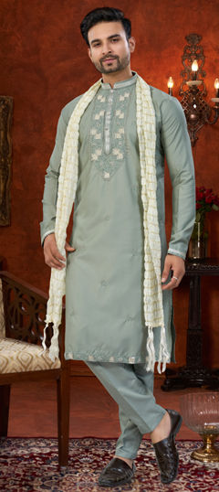 Black and Grey color Kurta Pyjamas in Silk fabric with Bugle Beads, Embroidered, Thread work