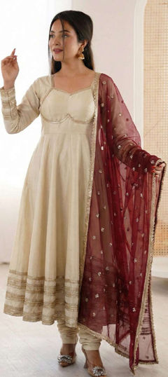 White and Off White color Salwar Kameez in Silk fabric with Lace work