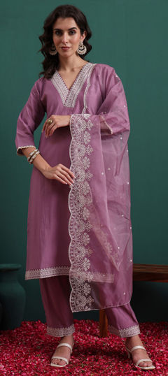 Purple and Violet color Salwar Kameez in Blended, Silk fabric with Embroidered work