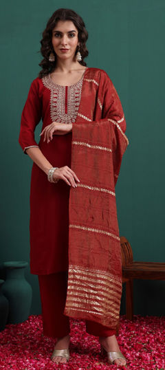 Red and Maroon color Salwar Kameez in Viscose fabric with Embroidered work