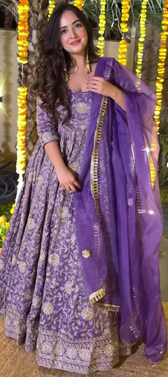 Purple and Violet color Salwar Kameez in Crushed Silk fabric with Embroidered, Sequence work