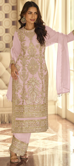 Pink and Majenta color Salwar Kameez in Georgette fabric with Bugle Beads, Embroidered work