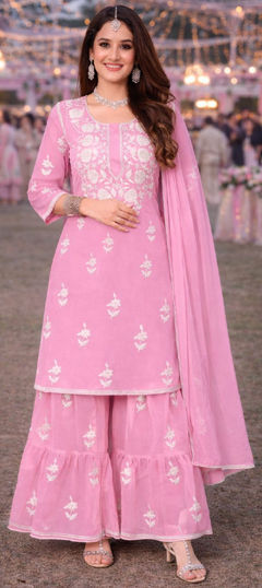 Pink and Majenta color Salwar Kameez in Georgette fabric with Embroidered, Thread work