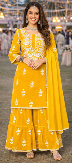 Yellow color Salwar Kameez in Georgette fabric with Embroidered, Thread work