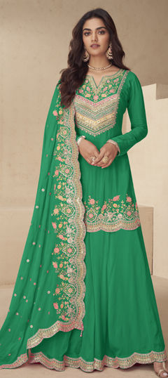 Green color Salwar Kameez in Chinon Silk fabric with Embroidered, Sequence, Thread work