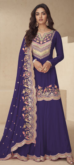 Purple and Violet color Salwar Kameez in Chinon Silk fabric with Embroidered, Sequence, Thread work