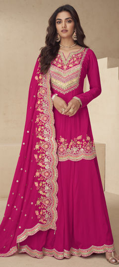 Pink and Majenta color Salwar Kameez in Chinon Silk fabric with Embroidered, Sequence, Thread work