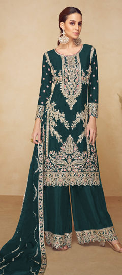 Blue color Salwar Kameez in Chinon Silk fabric with Embroidered, Resham, Sequence, Thread, Zari work