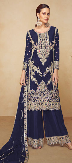 Blue color Salwar Kameez in Chinon Silk fabric with Embroidered, Resham, Sequence, Thread, Zari work