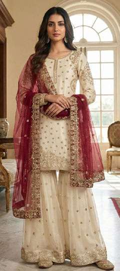 Red and Maroon, White and Off White color Salwar Kameez in Tissue fabric with Embroidered, Sequence, Thread work