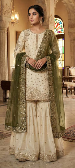 Green, White and Off White color Salwar Kameez in Tissue fabric with Embroidered, Sequence, Thread work