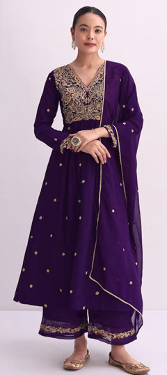 Purple and Violet color Salwar Kameez in Silk fabric with Embroidered, Sequence, Thread work