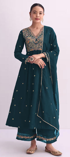 Green color Salwar Kameez in Silk fabric with Embroidered, Sequence, Thread work