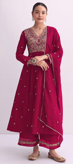 Pink and Majenta color Salwar Kameez in Silk fabric with Embroidered, Sequence, Thread work