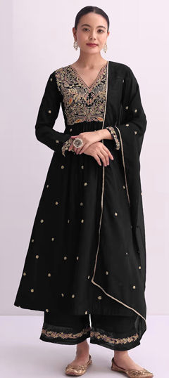 Black and Grey color Salwar Kameez in Silk fabric with Embroidered, Sequence, Thread work