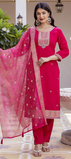 Pink and Majenta color Salwar Kameez in Chanderi Silk, Viscose fabric with Embroidered, Thread work