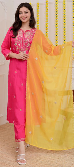 Pink and Majenta, Yellow color Salwar Kameez in Chanderi Silk fabric with Embroidered, Thread work