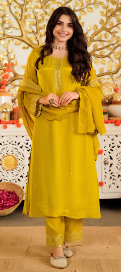 Yellow color Salwar Kameez in Satin, Viscose fabric with Embroidered, Thread work