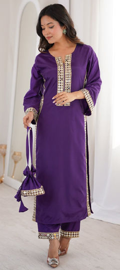 Purple and Violet color Salwar Kameez in Crepe Silk fabric with Lace, Mirror work