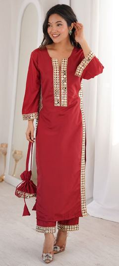 Red and Maroon color Salwar Kameez in Crepe Silk fabric with Lace, Mirror work