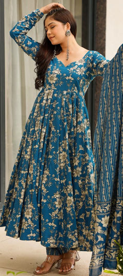 Blue color Salwar Kameez in Muslin fabric with Digital Print, Floral work
