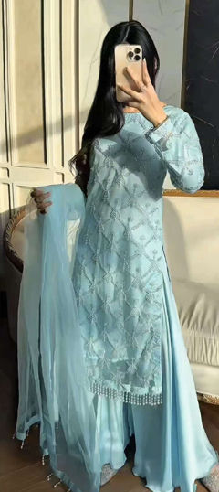 Blue color Salwar Kameez in Net fabric with Embroidered, Thread work