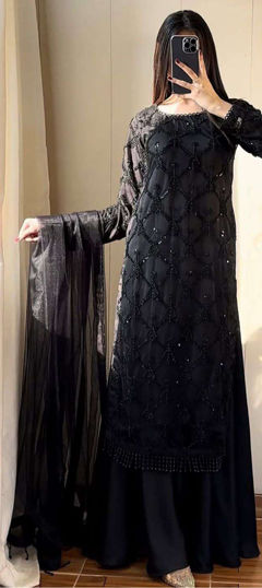 Black and Grey color Salwar Kameez in Net fabric with Embroidered, Thread work