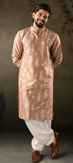 Beige and Brown color Kurta Pyjamas in Silk fabric with Embroidered work