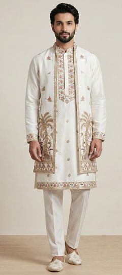 White and Off White color IndoWestern Dress in Satin fabric with Embroidered, Thread work